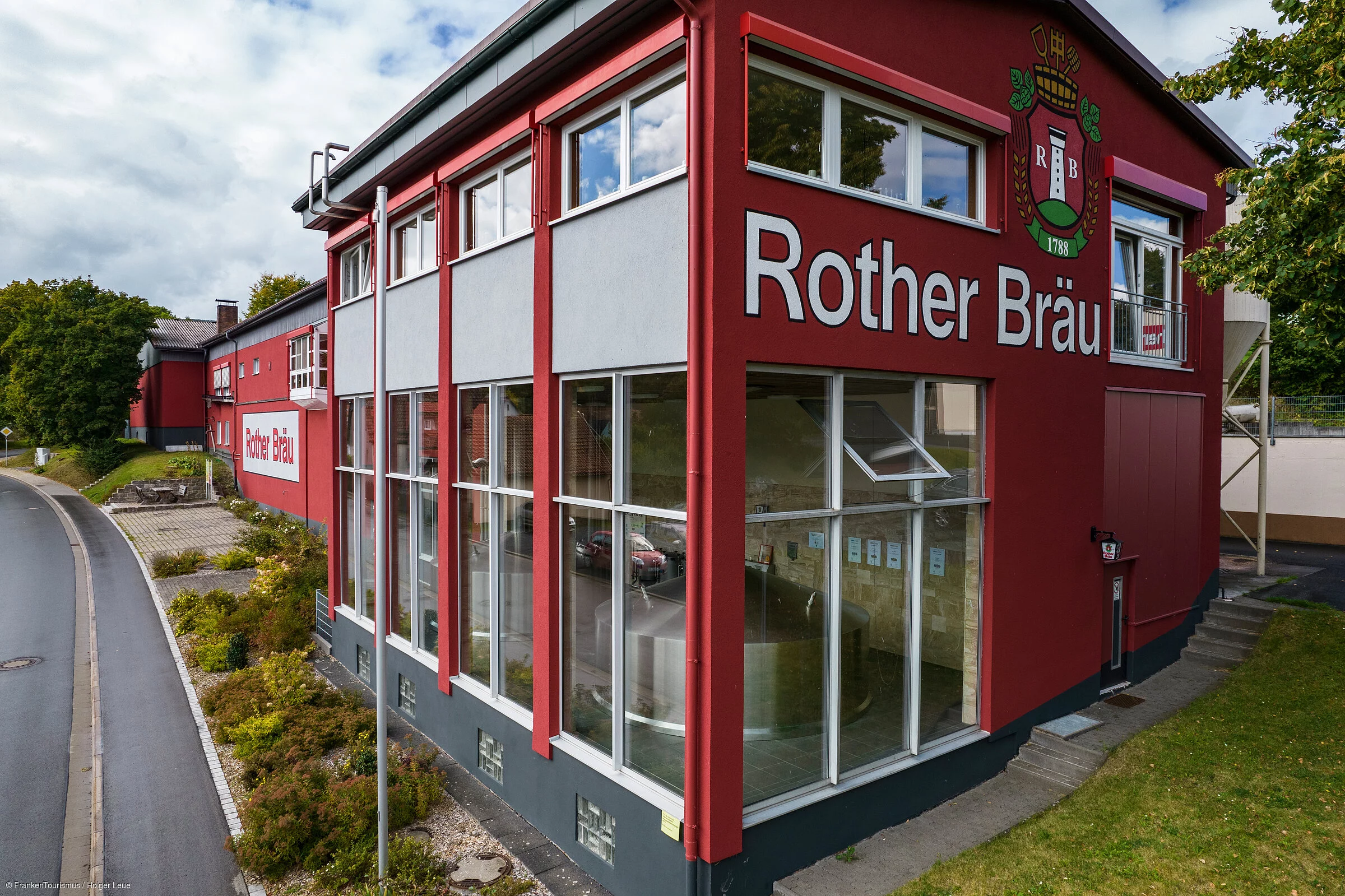 Aerial of Rother Bräu brewery, Hausen Roth, Rhön, Franconia, Bavaria, Germany