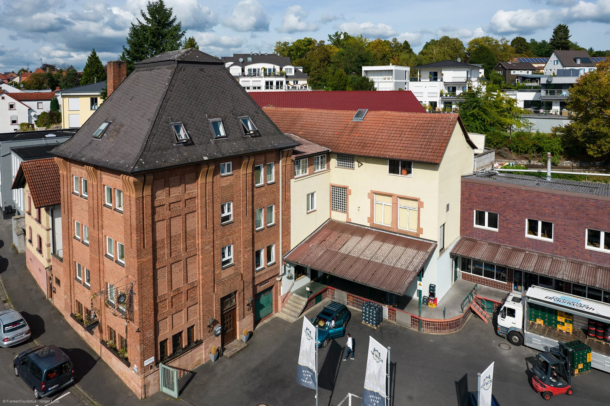Aerial of Schwind Bräu brewery, Aschaffenburg Schweinheim, Bavaria, Franconia, Germany
