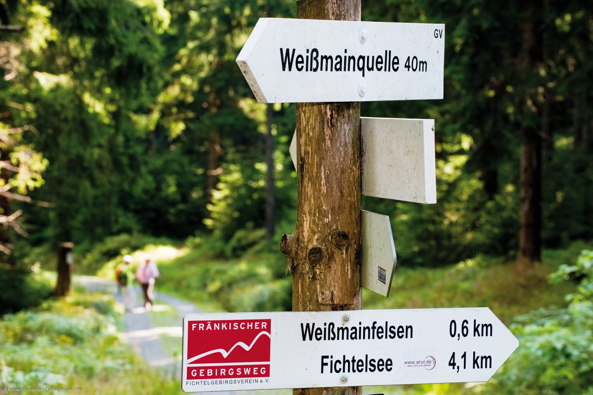 Weißmainquelle am Ochsenkopf/Wanderschild "Fränkischer Gebirgsweg"