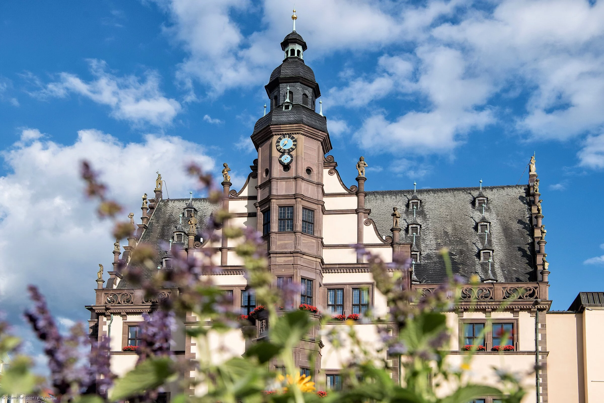 Prächtiges Rathaus mit dunkel gedecktem Dach und Turm, davor Blumen