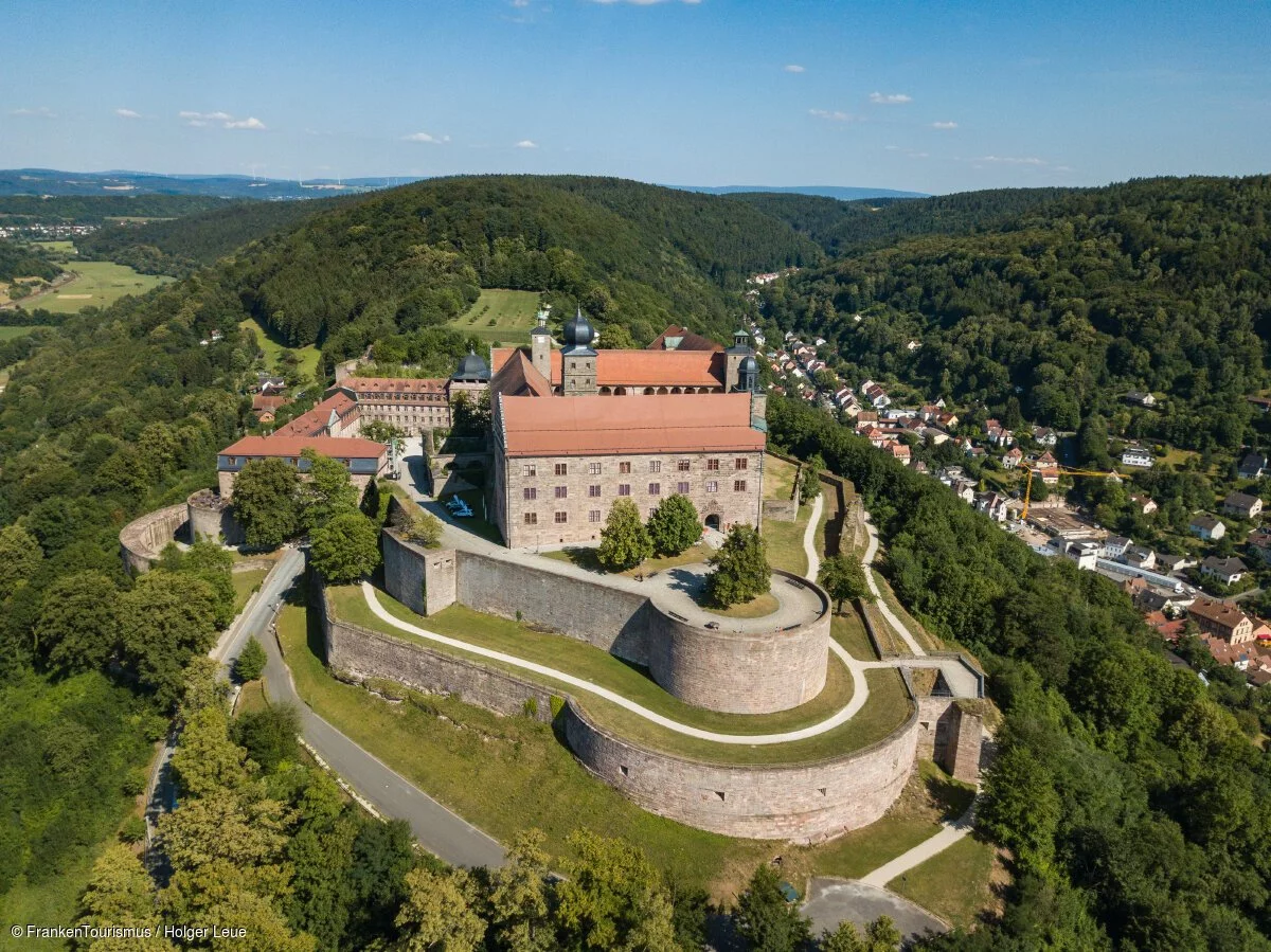 Die Luftaufnahme einer Burg auf einem zum Teil bewaldeten Hügel
