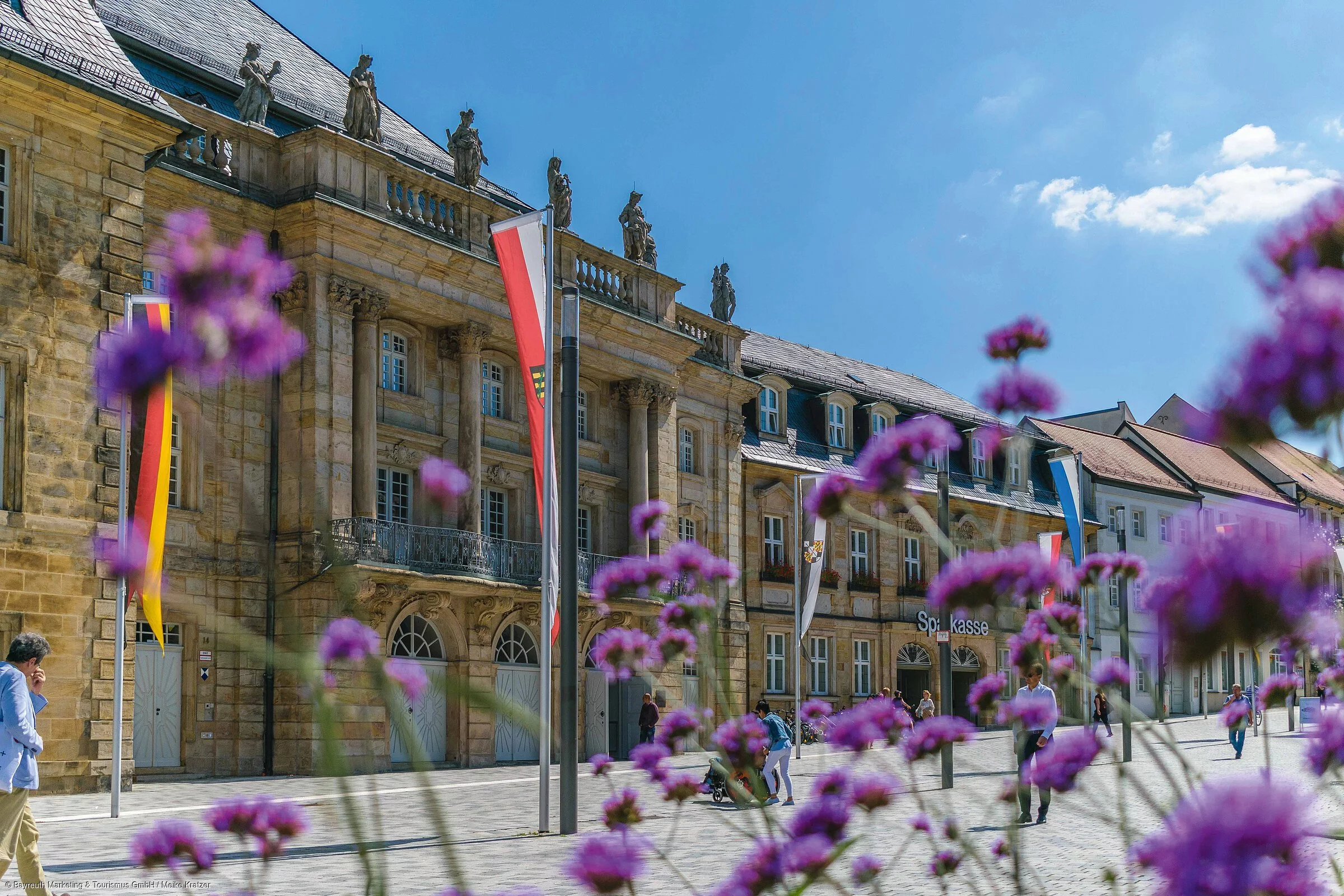 Lila Blumen vor einem barocken Prestigegebäude, davor sind Flaggen aufgestellt