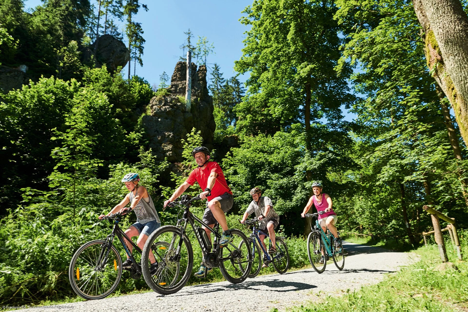 Eine radelnde Familie fährt freudig über einen Fahrradweg inmitten eines grünen Waldes