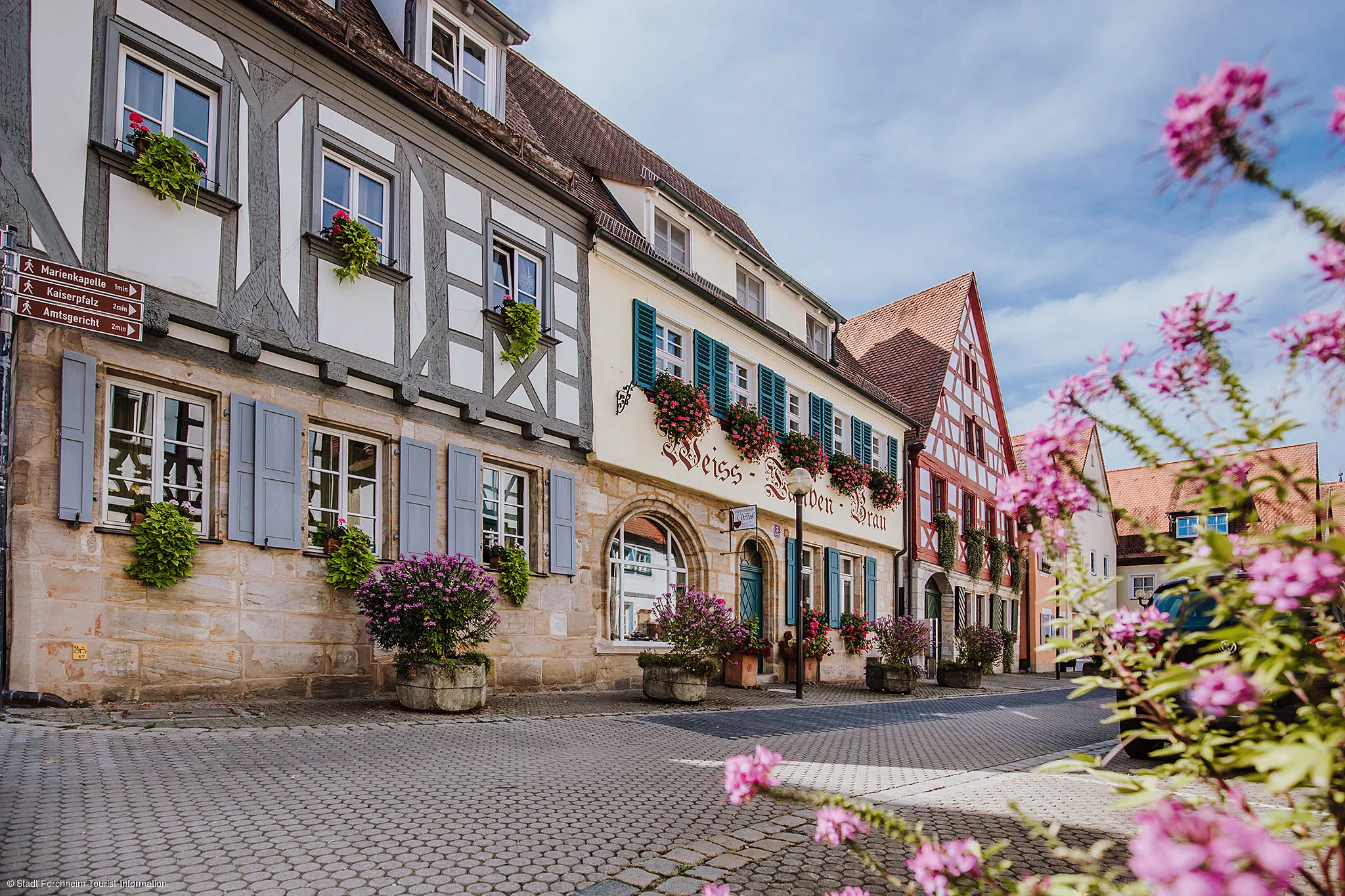 Ein Reihe an Fachwerkhäusern, davor bunt blühende Blumen
