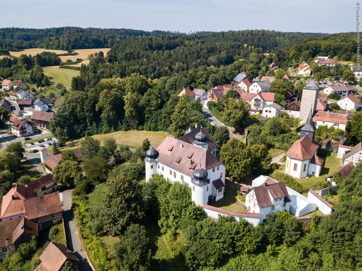 Ein sommerlicher Ort mit Schloss, umgeben von Wäldern und Feldern