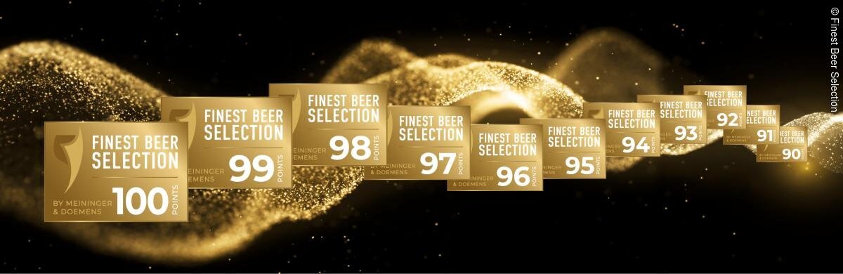 Goldene Auszeichnungen mit Punkten von 100 bis 90 für Finest Beer Selection vor schwarzem Hintergrund mit goldenen Partikeln